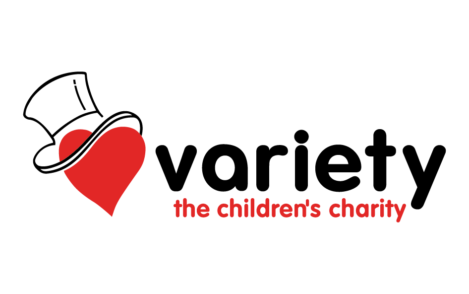 rd heart with tophat on top outlined in black. Text to right of logo, black color "variety", red color "the children's charity"