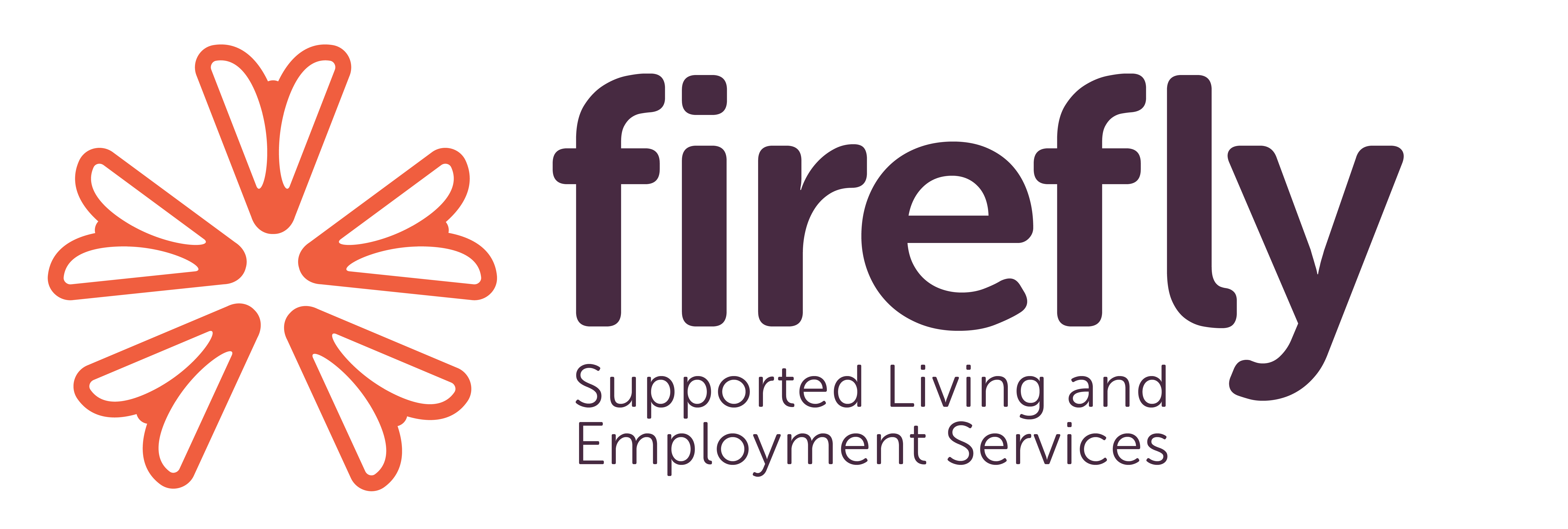 firefly, Supported Living and Employment Services. "firefly" with large, bold, and purple text. "Supported Living and Employment Services" in smaller and purple text.