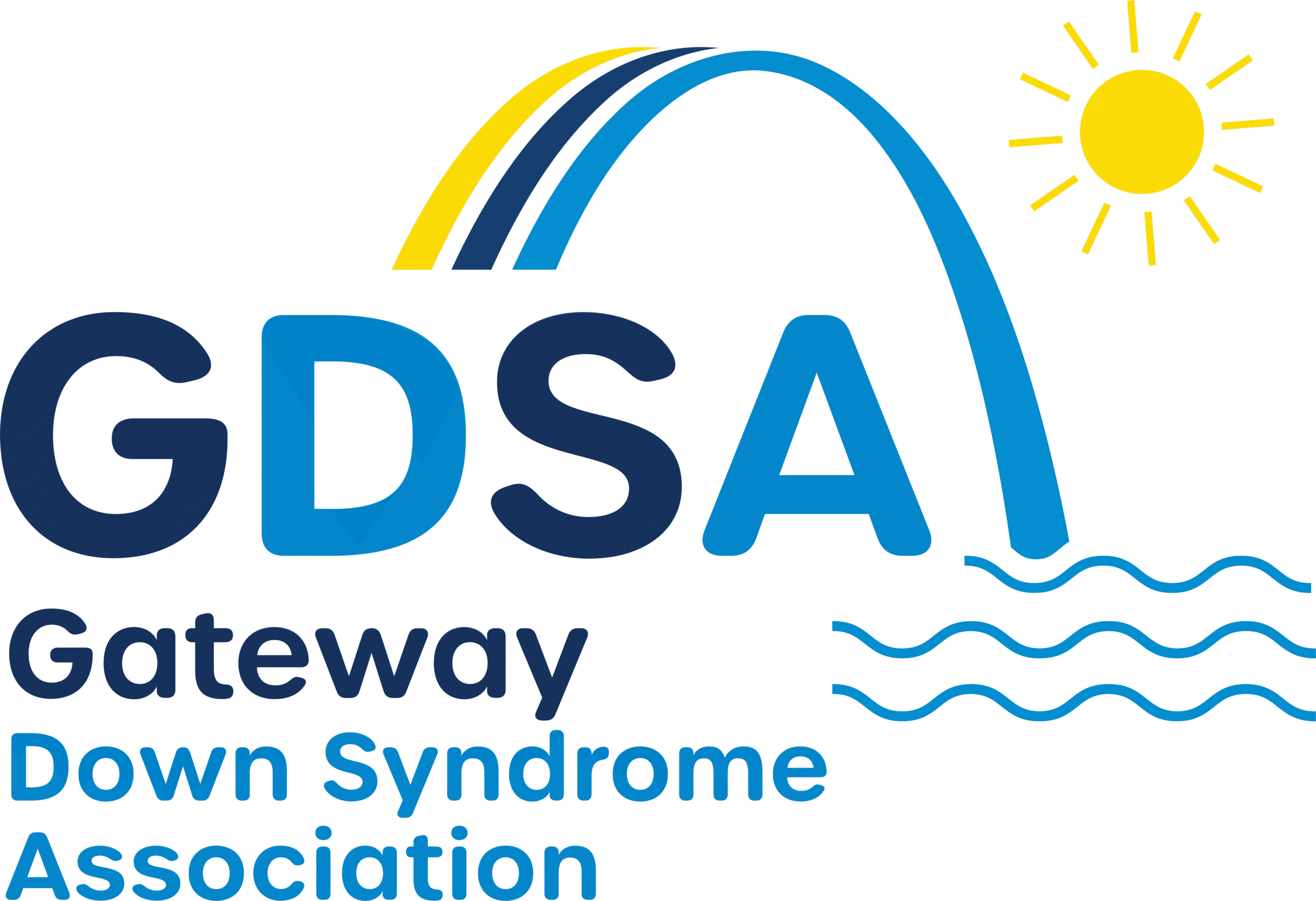 Gateway Down Syndrome Association in blue text - GDSA in alternating blue text with outline of arch in yellow, navy, and sky with yellow sun.